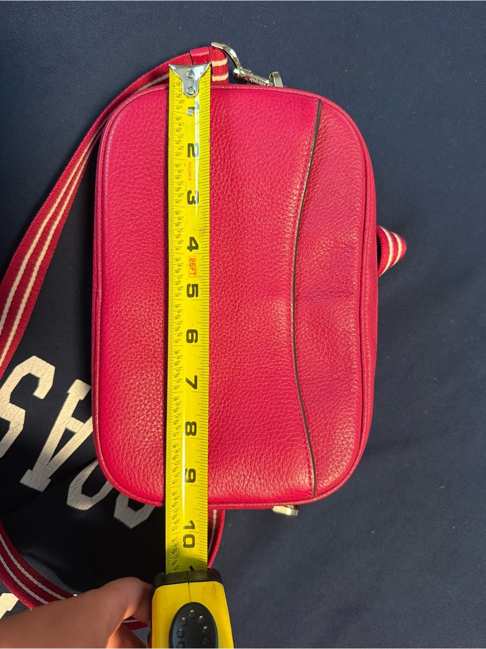 kate spade Raspberry Pebbled Leather Crossbody with Striped Strap - Picture 9 of 13